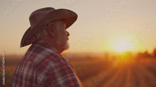 A senior farmer standing at the edge of his field, gazing at a setting sun, contemplating the cyclical nature of farming life, Senior farmer, blurred background, with copy space