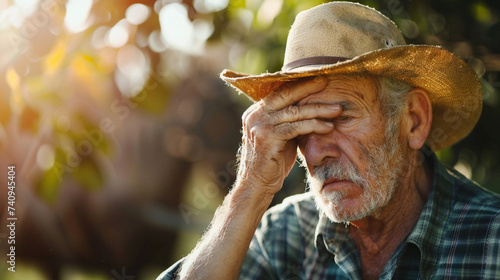 A senior farmer pausing to wipe sweat from his brow under the hot sun, a moment in a long day's work, Senior farmer, blurred background, with copy space