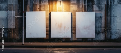 Three white posters display on the hardwood facade of the building. The rectangles are painted with gas tints and shades, with bold font promoting an automotive exterior event