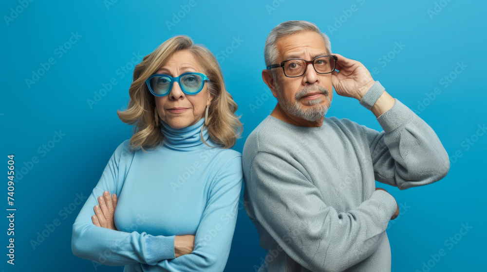 A stylish mature couple in turtlenecks and glasses stand confidently with crossed arms against a blue background, exuding happiness and companionship. A stylish mature couple in turtlenecks and glasses stand confidently with crossed arms against a blue background, exuding happiness and companionship.