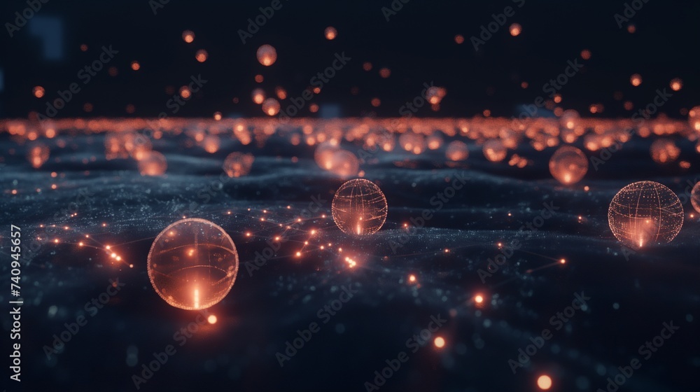 A futuristic network diagram made of 3D spheres and connecting lines, glowing against a dark background, highlighting the concept of global communications, with designated copy space. 8k - obrazy, fototapety, plakaty 