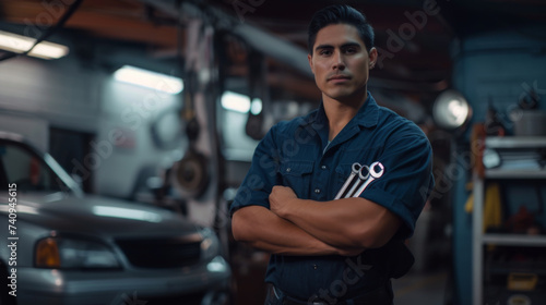 confident male mechanic in a workshop, wearing a dark blue uniform and a baseball cap, with a wrench in hand, standing in front of a car and mechanical equipment
