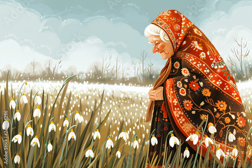 Grandmother Marta on spring field with snowdrops. Baba Marta Day, Martenitsa. Moldovan Romanian and Bulgarian spring meeting holiday concept  photo