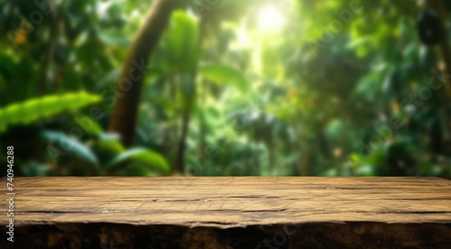 The empty wooden table top with blur background of Amazon rainforest. Exuberant image. generative ai