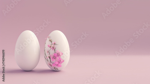 Easter eggs with pink flowers, spring and easter concept. Light purple color background. Happy Easter card. Space for text. © Helen