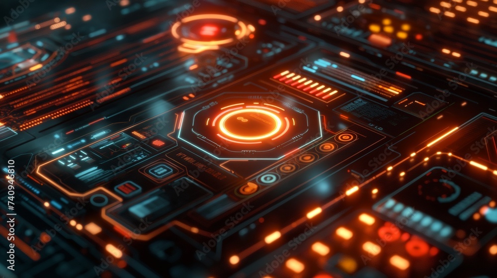 A holographic 3D interface with futuristic UI elements, suggesting advanced technology systems, with areas reserved for descriptions. 8k A holographic 3D interface with futuristic UI elements, suggesting advanced technology systems, with areas reserved for descriptions. 8k