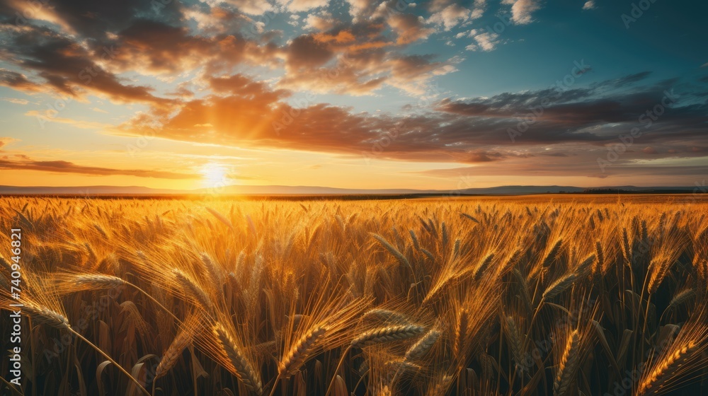 The setting sun kisses the horizon, casting a golden glow over a sweeping field of ripe wheat under a dramatic sky