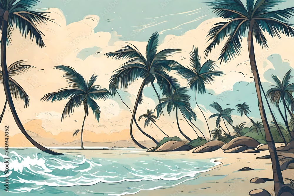 : A tranquil beach scene with palm trees swaying in the breeze and waves gently lapping the shore
