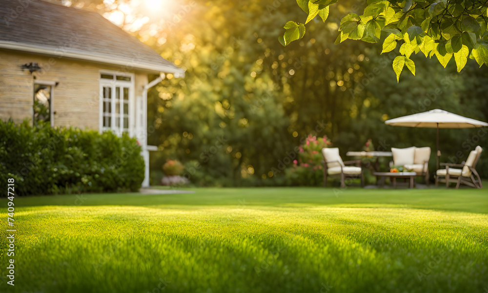 Backyard expanse, vibrant green neatly trimmed grass showcasing an area Backyard expanse, vibrant green neatly trimmed grass showcasing an area