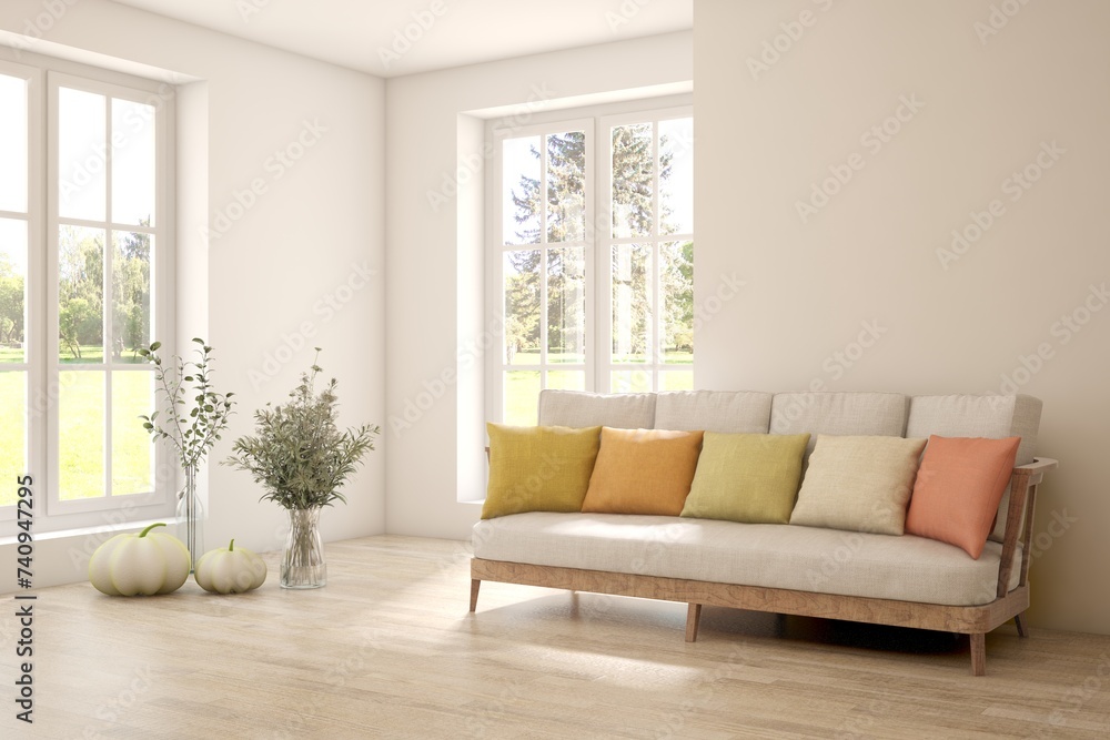 Fototapeta premium White living room with sofa and summer landscape in window. Scandinavian interior design. 3D illustration