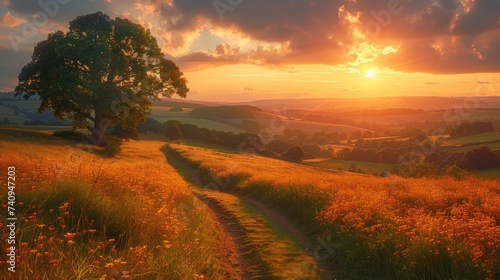 Idyllic rural landscape, Sunset from Birdlip hill Gloucestershire photo