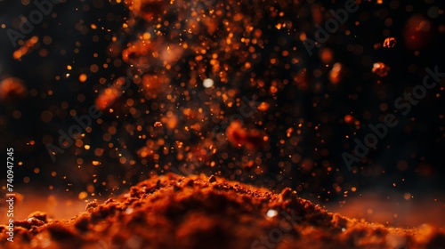 A macro shot of paprika powder with particles suspended in the air  capturing the dynamic movement 