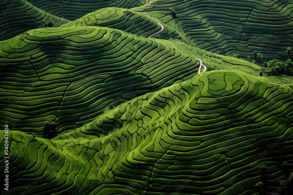 Lush tea plantations roll in undulating waves, their verdant rows carved into the hillside, bathed in soft sunlight Lush tea plantations roll in undulating waves, their verdant rows carved into the hillside, bathed in soft sunlight