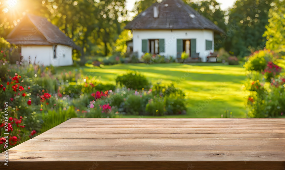 An empty wooden table in the foreground, with a blurred country house in the background against a verdant garden setting