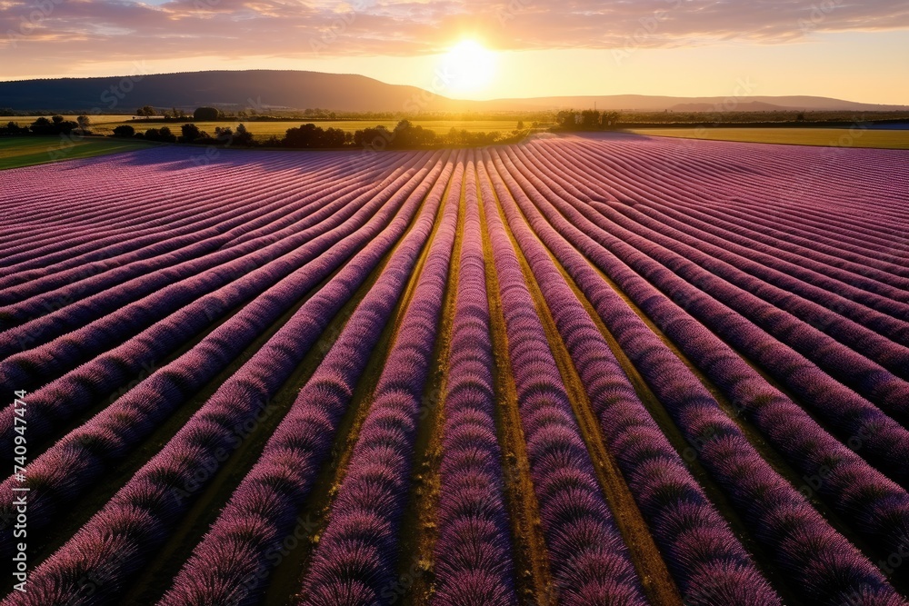 Fototapeta premium The setting sun casts a warm glow over a breathtaking field of lavender, with rolling hills on the horizon
