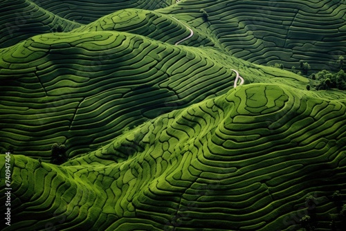 Lush tea plantations roll in undulating waves, their verdant rows carved into the hillside, bathed in soft sunlight