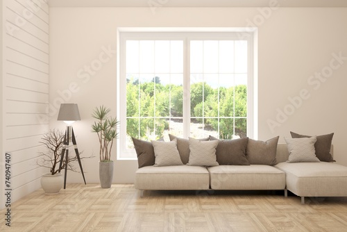 White living room with sofa and summer landscape in window. Scandinavian interior design. 3D illustration © AntonSh