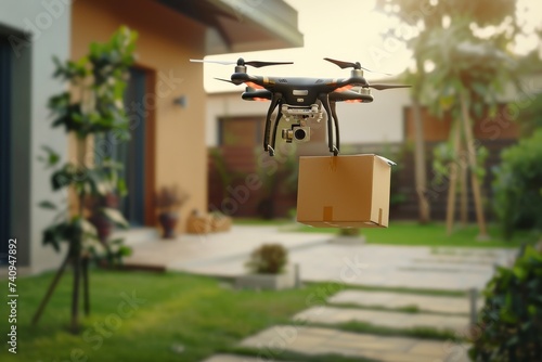 Smart package Drone Delivery autonomous mobility. Box shipping tech architectures parcel urbanization well being transportation. Logistic tech pedestrian friendly mobility delivery drone