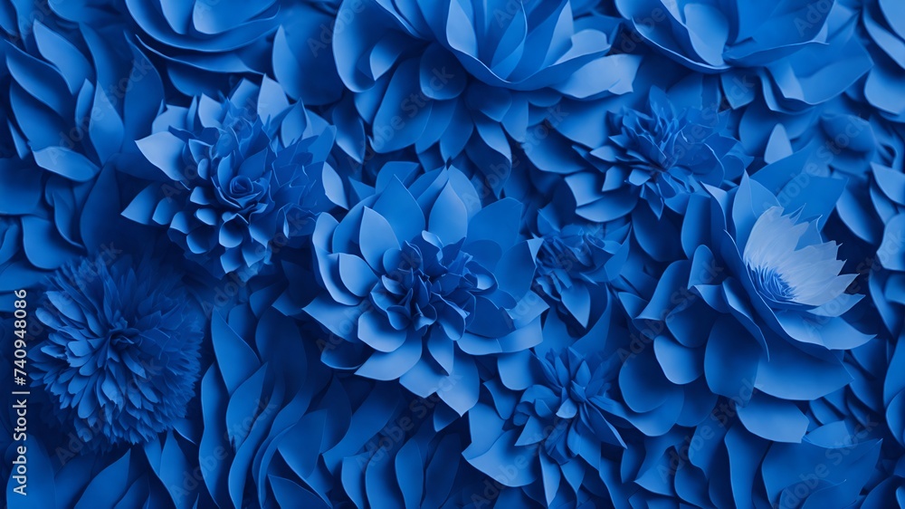  A field of intricate blue paper flowers, symbolizing strength and resilience, with an open area for text or a greeting card design.