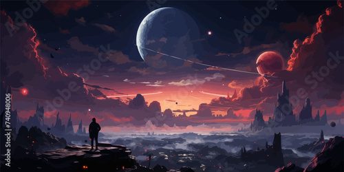 a spaceman standing on a hill surrounded by floating rocks, digital art style, illustration painting