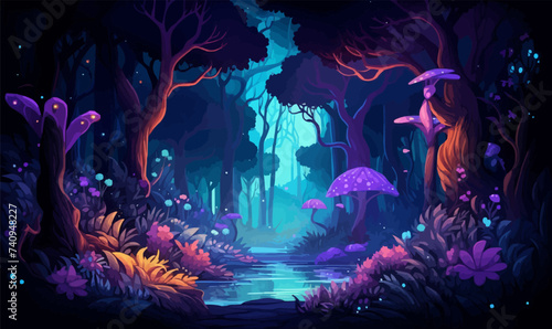 mystical forest with bioluminescent plants vector isolated illustration