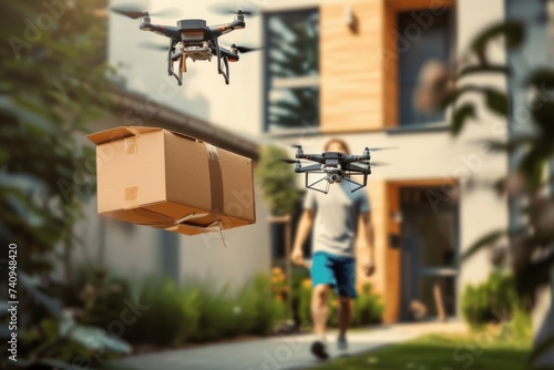 Smart package Drone Delivery tech architectures. Box shipping fragile parcel parcel wine delivery transportation. Logistic tech urbanization employment mobility garden space optimization