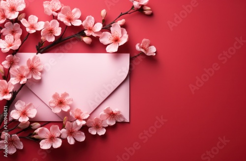 an envelope with red flowers and paper on a pink background