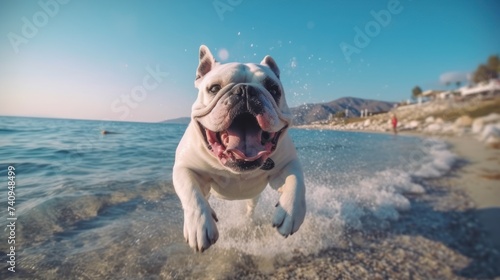 adorable red french bulldog dog on a beach