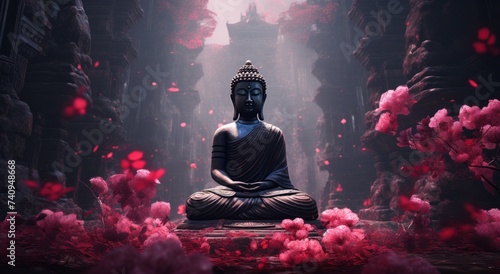 buddha in a forest of pink flowers