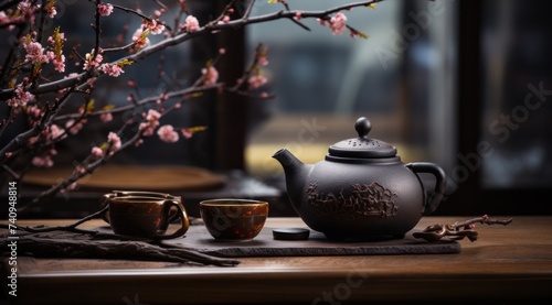 a teapot and tea cup next to brown wooden table