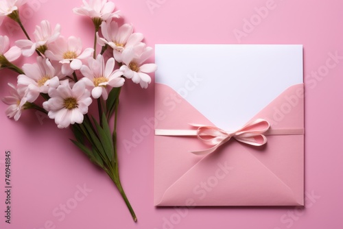 an envelope with a blue paper, pink flowers and flower bow