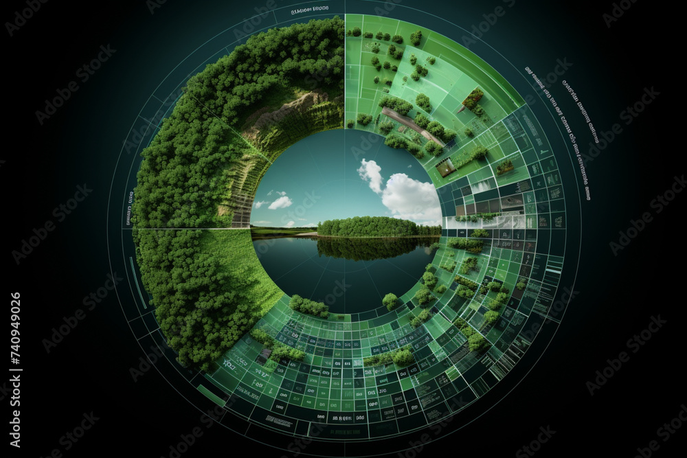 Digital generated image of abstract sustainable energy circular doughnut chart made out of multiple types of green energy cross sections - hydroelectric, geothermal, hydrogen, wind and solar energy