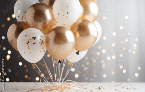 a photo of party balloons with gold sequins and gold confetti