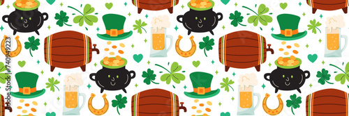 St. Patricks Day pattern. Background with Festive elements. Barrel of beer, green hat, shamrock luck