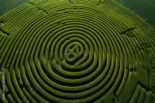 An aerial view of a crop field displaying a mesmerizing circular maze pattern in vibrant green hues