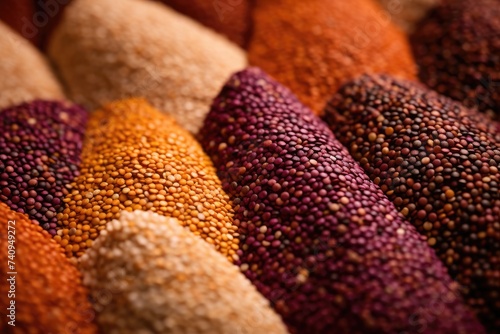 Macro shot displaying a variety of quinoa seeds with vibrant colors from beige to red to black