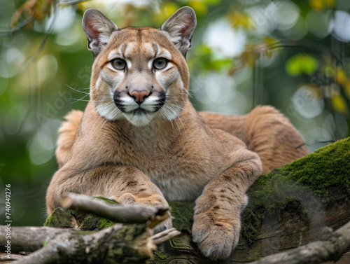 Majestic cougar lounging on a mossy branch  gazing intently.