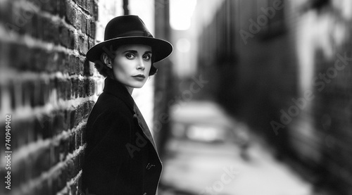 retro black and white photograph of a european female spy dressed in a black cloak with a black hat photo
