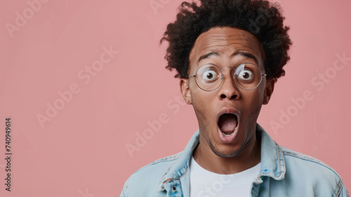 A young man with curly hair and round glasses expresses surprise with wide eyes and an open mouth against a light background. © MP Studio