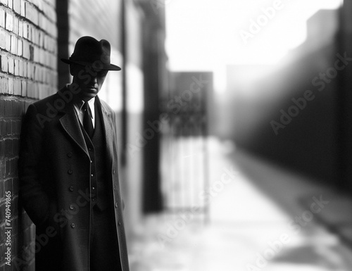 a prohibition-era gangster in a dark alley way wearing a trench coat and a fedora hat with shadows covering his face