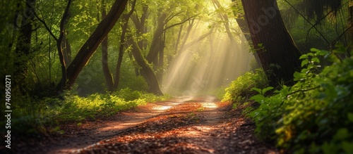 The sunlight filters through the dense canopy of deciduous trees, casting dappled tints and shades on the dirt road weaving through the natural landscape of the woods