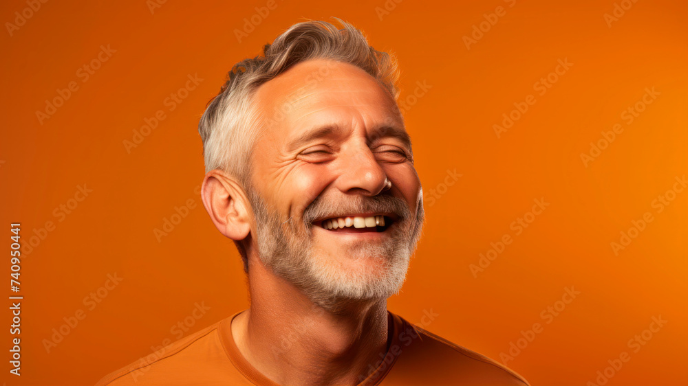 Portrait of a happy senior man laughing, isolated on orange background Portrait of a happy senior man laughing, isolated on orange background