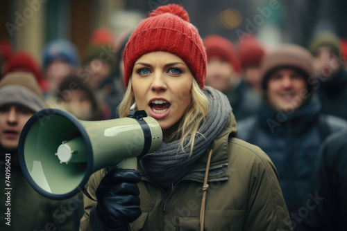 Young caucasian girl leading protest and screaming through megaphone amidst crowd of people © Artem Zatsepilin