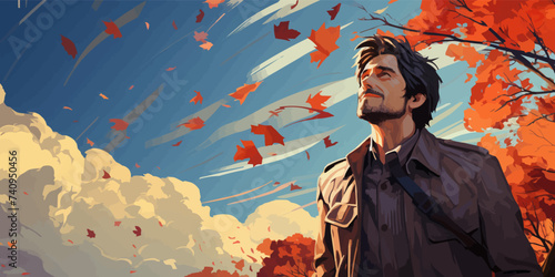 the boy flying in the sky with the planes, digital art style, illustration painting