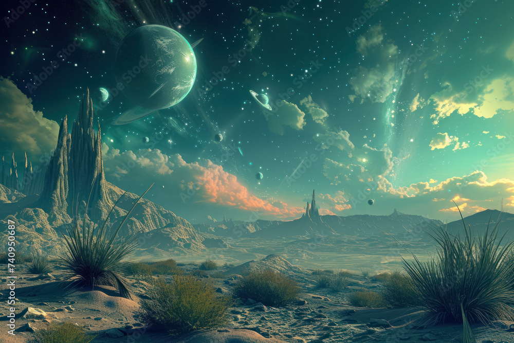 surreal landscape on an alien planet. The sky is filled with multiple moons and a nearby nebula