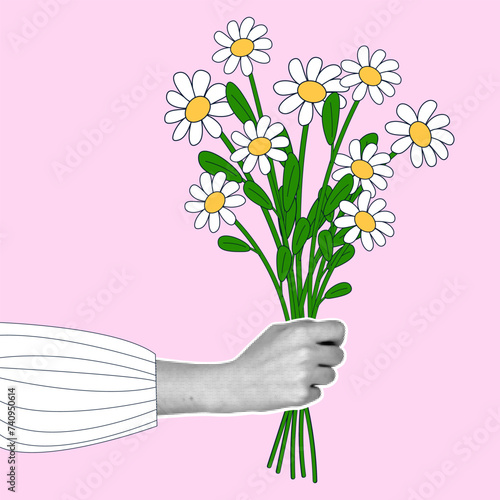 A woman's hand with a halftone effect holds a bouquet of blooming daisies. Modern vector illustration in retro collage style.
