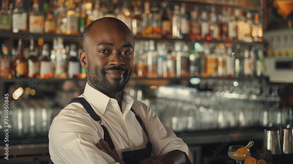 african smiling bartender in apron preparing to make cocktail. Shelves with bottles of alcohol in background. african smiling bartender in apron preparing to make cocktail. Shelves with bottles of alcohol in background.