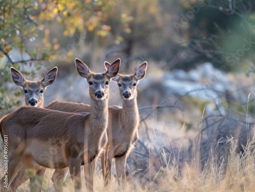 Deer family alert in a serene  sunlit setting.