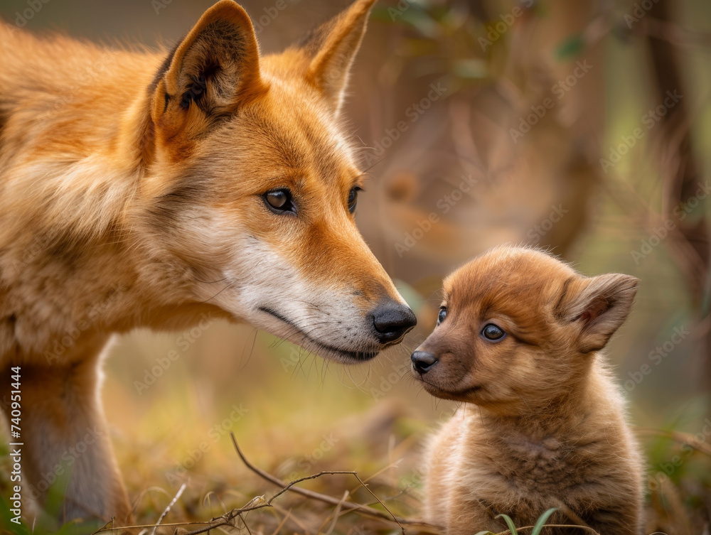 A mother dingo and her pup enjoying a quiet moment.