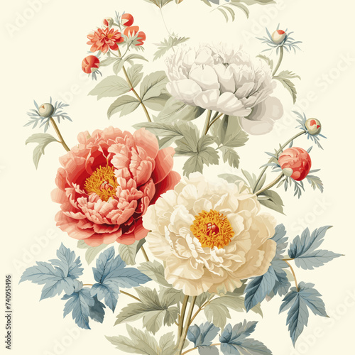 Wallpaper Mural Vintage Beautiful Peonies And Wild Flowers Seamless Pattern Print Design-05.20 Torontodigital.ca